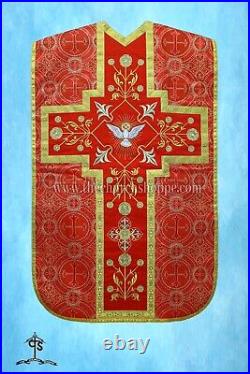 Metallic Red Roman Chasuble Fiddleback Vestment mass set, Holy Spirit embroidery