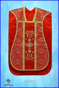 Metallic Red Roman Chasuble Fiddleback Vestment mass set, Holy Spirit embroidery