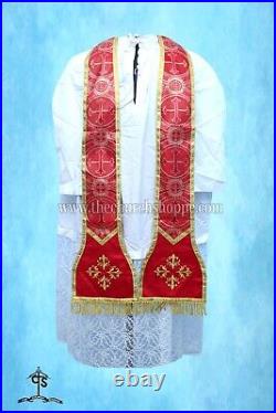 Metallic Red Roman Chasuble Fiddleback Vestment mass set, Holy Spirit embroidery