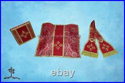 Metallic Red Roman Chasuble Fiddleback Vestment mass set, Holy Spirit embroidery