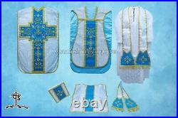 Metallic Silver Roman Chasuble Fiddleback Vestment Mass set, AM embroidery