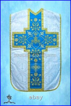 Metallic Silver Roman Chasuble Fiddleback Vestment Mass set, AM embroidery