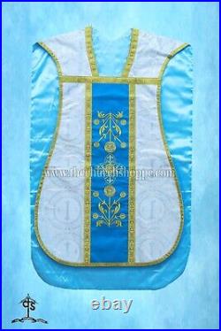 Metallic Silver Roman Chasuble Fiddleback Vestment Mass set, AM embroidery