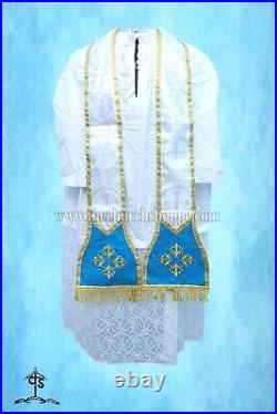 Metallic Silver Roman Chasuble Fiddleback Vestment Mass set, AM embroidery