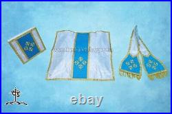 Metallic Silver Roman Chasuble Fiddleback Vestment Mass set, AM embroidery