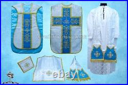 Metallic Silver Roman Chasuble Fiddleback Vestment and Mass set, AM embroidery