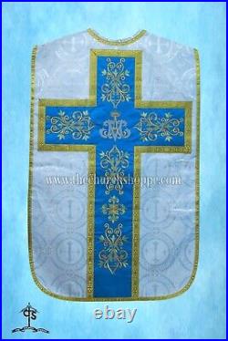 Metallic Silver Roman Chasuble Fiddleback Vestment and Mass set, AM embroidery