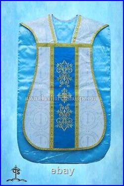 Metallic Silver Roman Chasuble Fiddleback Vestment and Mass set, AM embroidery