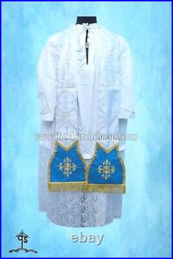 Metallic Silver Roman Chasuble Fiddleback Vestment and Mass set, AM embroidery