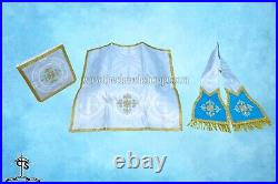 Metallic Silver Roman Chasuble Fiddleback Vestment and Mass set, AM embroidery