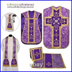 Metallic Violet Chasuble Fiddleback Vestment and mass set, Pelican embroidery