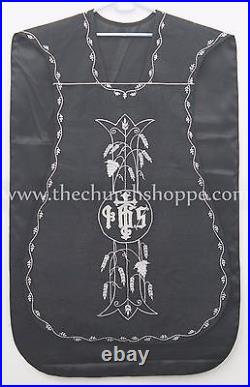 NEW Black Roman Chasuble Fiddleback Set Vestment 5pcs mass set IHS embroidery