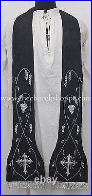 NEW Black Roman Chasuble Fiddleback Set Vestment 5pcs mass set IHS embroidery