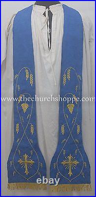 NEW Dark Blue Roman Chasuble Fiddleback Set Vestment 5pc mass set IHS embroidery