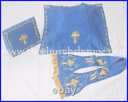 NEW Dark Blue Roman Chasuble Fiddleback Set Vestment 5pc mass set IHS embroidery