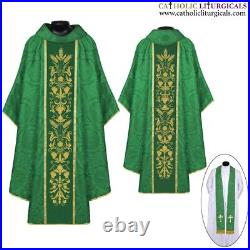 NEW GREEN Gothic Vestment & Stole Set with Embroidery, Chasuble, Casulla, Casel