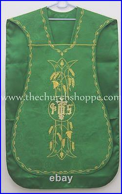 NEW GREEN Roman Chasuble Fiddleback Set Vestment 5pcs mass set IHS embroidery