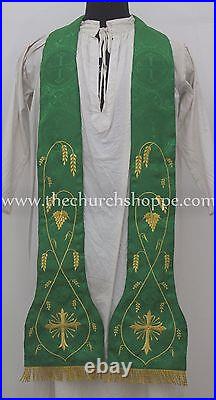 NEW GREEN Roman Chasuble Fiddleback Set Vestment 5pcs mass set IHS embroidery