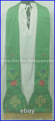 NEW Green Roman Chasuble Fiddleback Vestment & 5pc mass set IHS embroidery