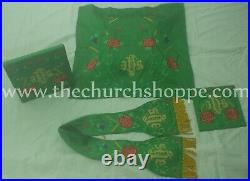 NEW Green Roman Chasuble Fiddleback Vestment & 5pc mass set IHS embroidery