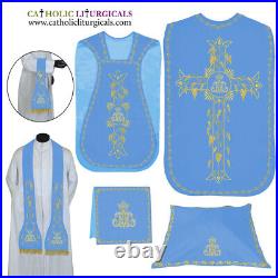 NEW MARIAN BLUE Roman Chasuble Fiddleback Vestment 5pcs mass set AM embroidery
