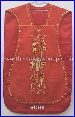NEW RED Roman Chasuble Fiddleback Set Vestment 5pcs mass set IHS embroidery