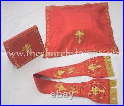 NEW RED Roman Chasuble Fiddleback Set Vestment 5pcs mass set IHS embroidery