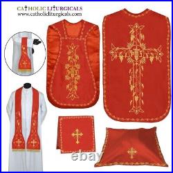 NEW RED Roman Chasuble Fiddleback Set Vestment 5pcs mass set IHS embroideryOpens