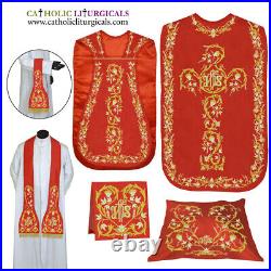 NEW RED Roman Chasuble Fiddleback Vestment & 5 pcs mass set IHS embroidery, FELT
