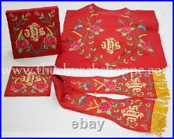 NEW RED Roman Chasuble Fiddleback Vestment & 5pc mass set IHS embroidery