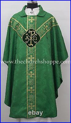NEW V COLLAR GREEN GOTHIC Vestment & 5 PC Mass Set Lined Chasuble, Casel, Casulla
