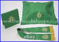 NEW V COLLAR GREEN GOTHIC Vestment & 5 PC Mass Set Lined Chasuble, Casel, Casulla