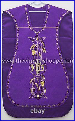 NEW VIOLET Roman Chasuble Fiddleback Set Vestment 5pcs mass set IHS embroidery