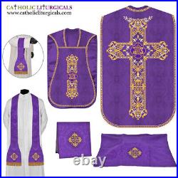 NEW Violet Roman Chasuble Fiddleback Vestment and Mass set, IHS embroidery