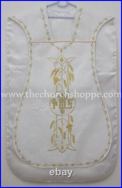 NEW WHITE Roman Chasuble Fiddleback Set Vestment 5pcs mass set IHS embroidery