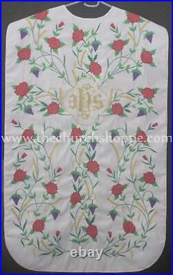 NEW White Roman Chasuble Fiddleback Vestment & 5pc mass set IHS embroidery
