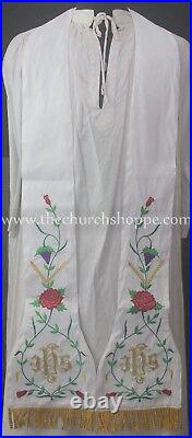 NEW White Roman Chasuble Fiddleback Vestment & 5pc mass set IHS embroidery