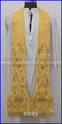 NEW YELLOW Roman Chasuble Fiddleback Set Vestment 5pcs mass set IHS embroidery