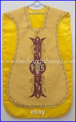 NEW YELLOW Roman Chasuble Fiddleback Set Vestment and mass set IHS embroidery