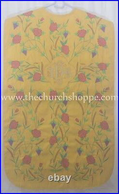 NEW Yellow Roman Chasuble Fiddleback Vestment & 5pc mass set IHS embroidery