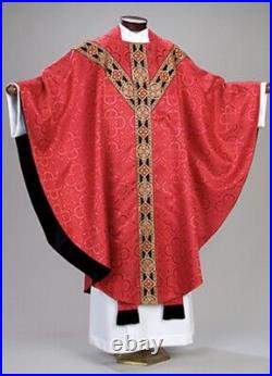 New Almy Vestment set, Damask Chasuble Red, Traditional banding, fully lined
