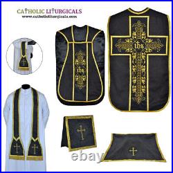 New BLACK Fiddleback Chasuble Mass Vestment WITH 5 PC SET INTERLINED CASULLA