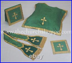 New GREEN Fiddleback Chasuble Mass Vestment WITH 5 PC SET FELT INTERLINED