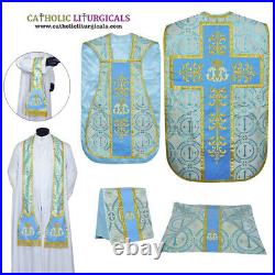 New Metallic BLUE Roman Chasuble Fiddleback Vestment 5pc set, AM AVE Maria