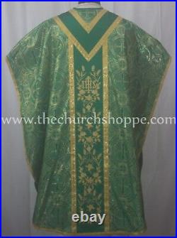 New Metallic Green Chasuble. St. Philip Neri Style vestment & mass set 5 pc, IHS