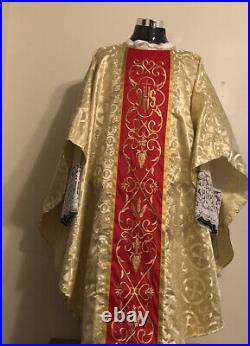 New Vestment Brocade Chasuble And Stole Gold Red, Embroidered Perfect Christmas
