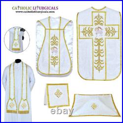 New White Roman Chasuble Fiddleback Vestment 5pc set, AGNUS DEI embroidery