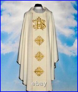 Off-White Chasuble With Stole, THREAD EMBROIDERY FRONT & BACK IHS Design