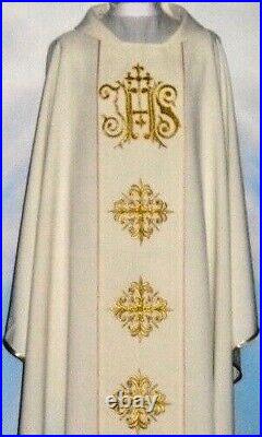 Off-White Chasuble With Stole, THREAD EMBROIDERY FRONT & BACK IHS Design