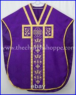 PURPLE Chasuble. St. Philip Neri Style vestment & mass set 5 pc, IHS Embroidery